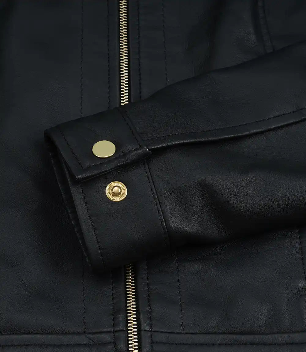 Pour Femme Harrington Noir Veste en Cuir – Détails dorés