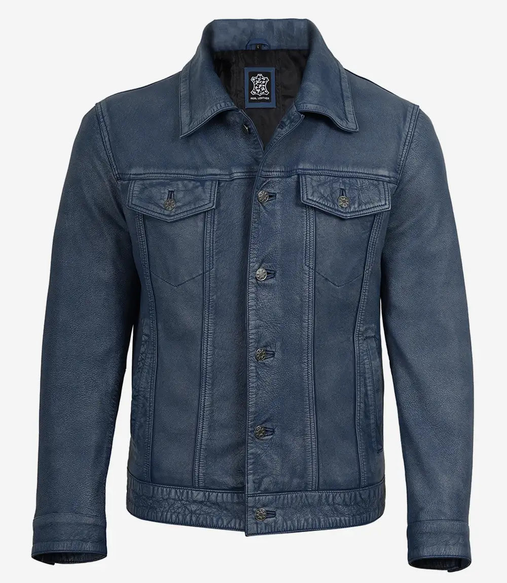 Homme Style Trucker Denim Bleu Délavé Veste En Cuir