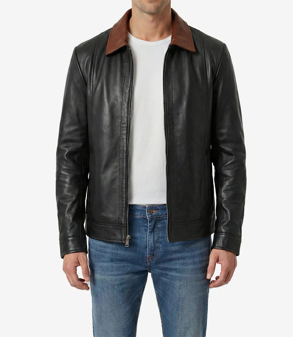 Homme bicolore noire avec col cognac Veste En Cuir