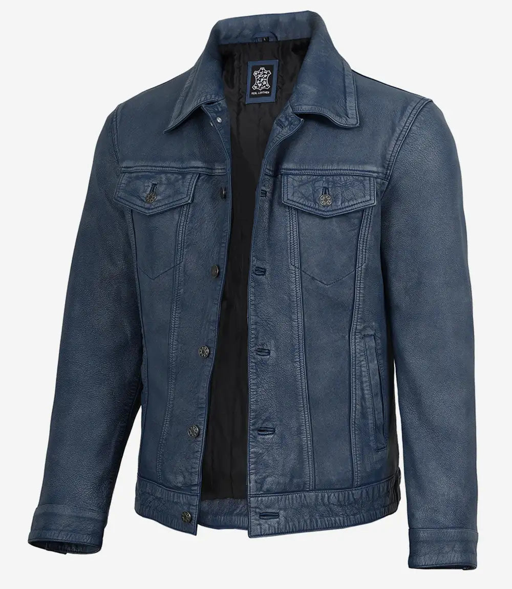 Pour Homme Style Trucker Denim Bleu Délavé Veste En Cuir