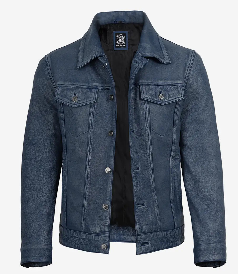 Pour Homme Style Trucker Denim Bleu  Veste En Cuir