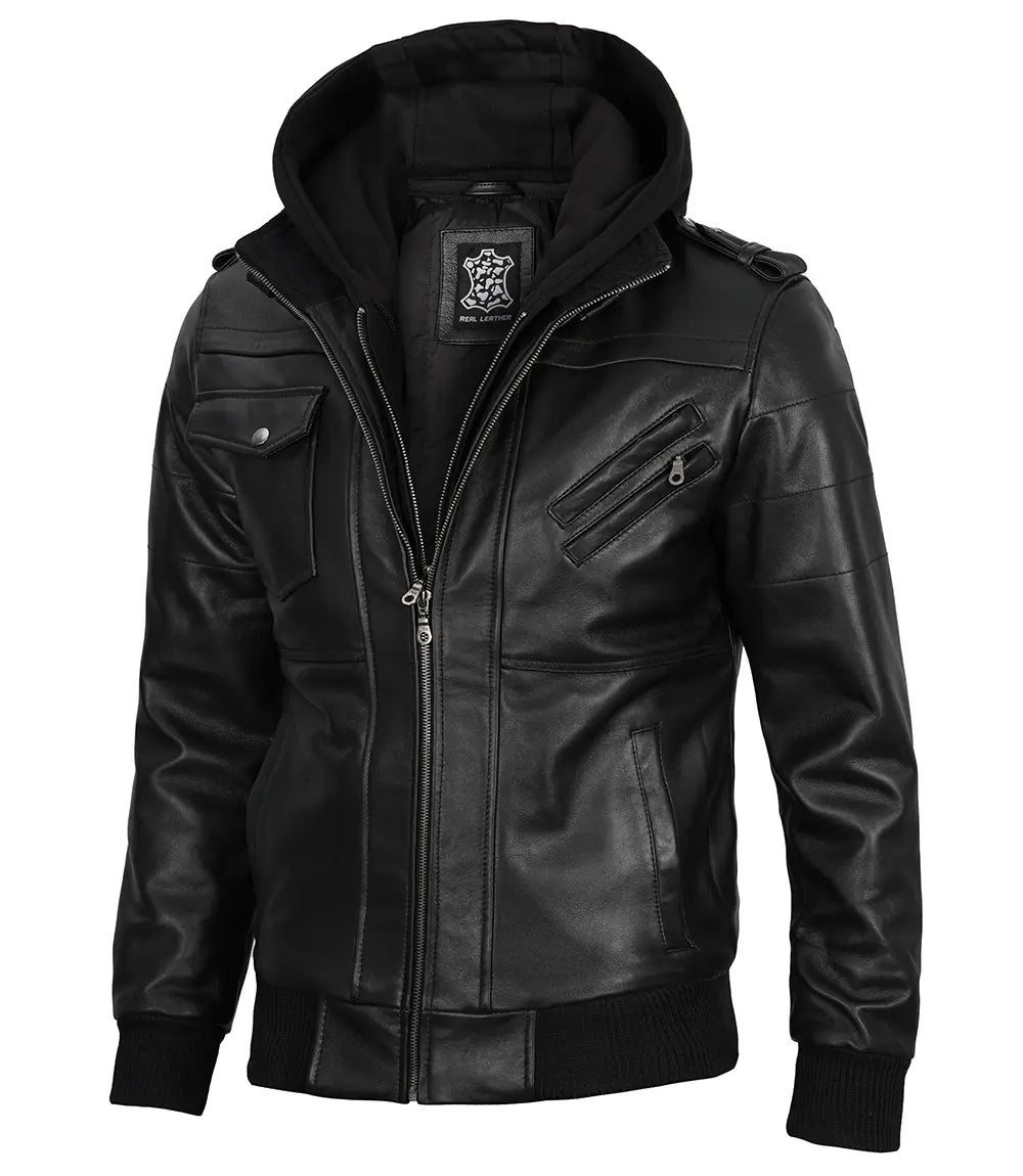 Veste en cuir à capuche amovible