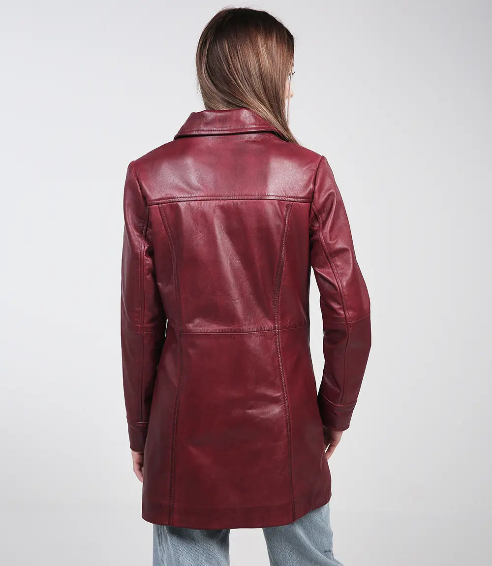 Manteau en cuir marron élégant de longueur 3/4 pour femme