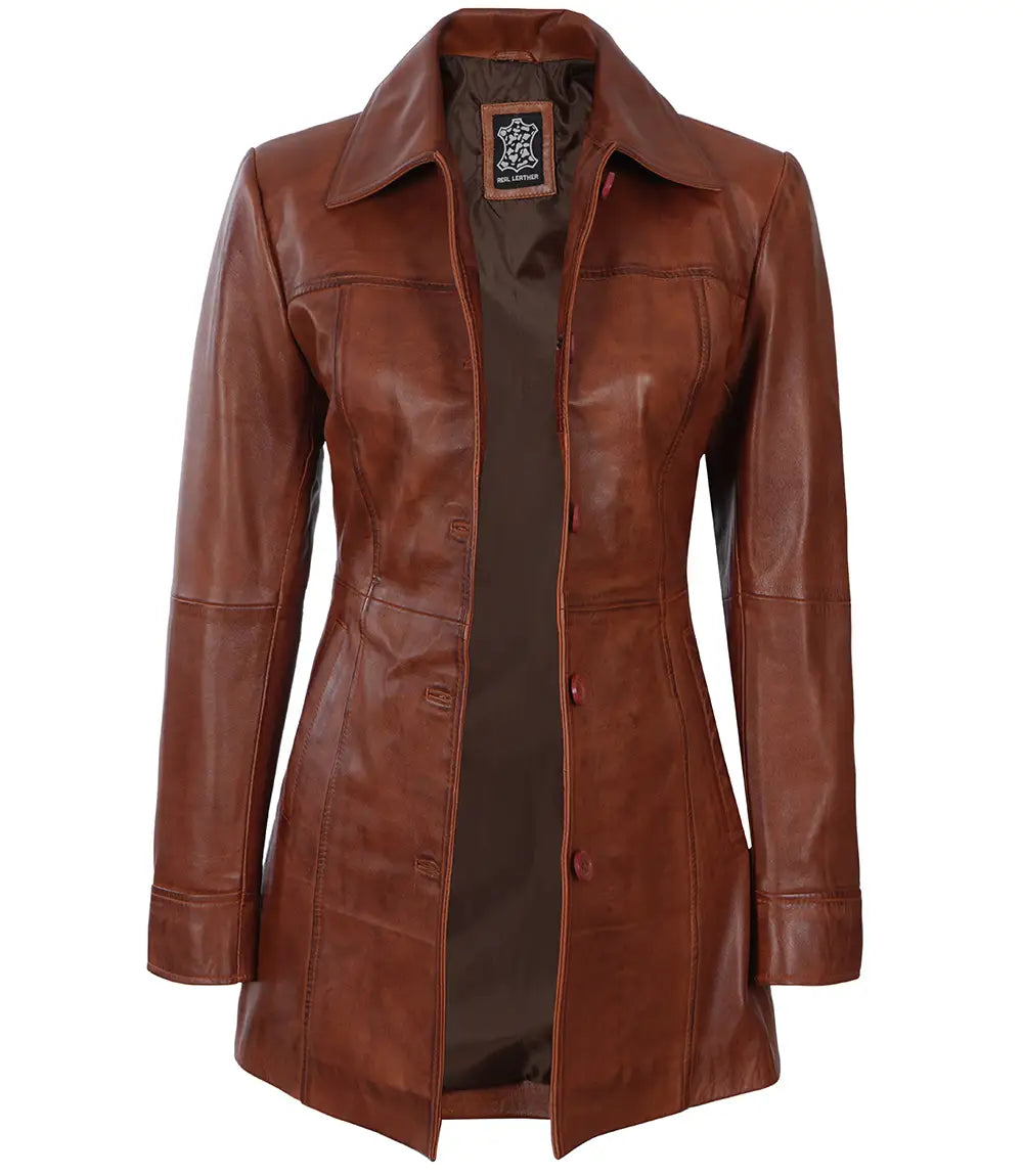 Tall Kandis Manteau de voiture en cuir cognac pour femme
