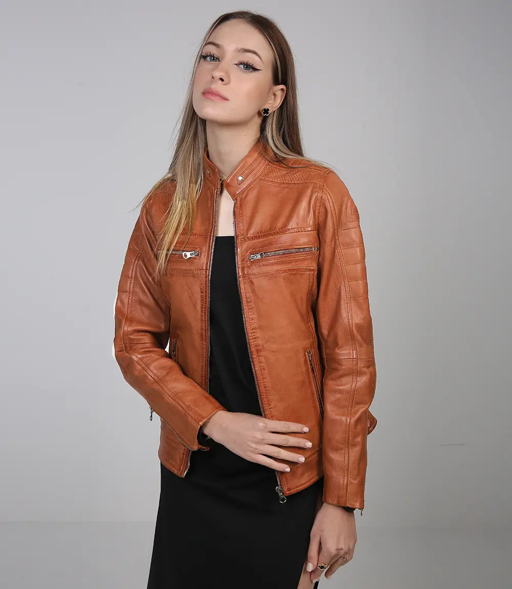 Blouson de motard beige pour femme en cuir haut de gamme