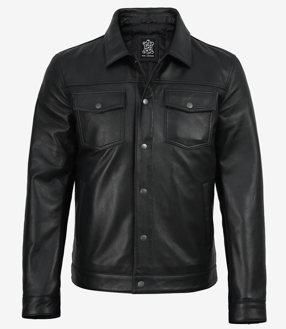 Veste En Cuir Noir Avec Boutons-Pression à l'avant