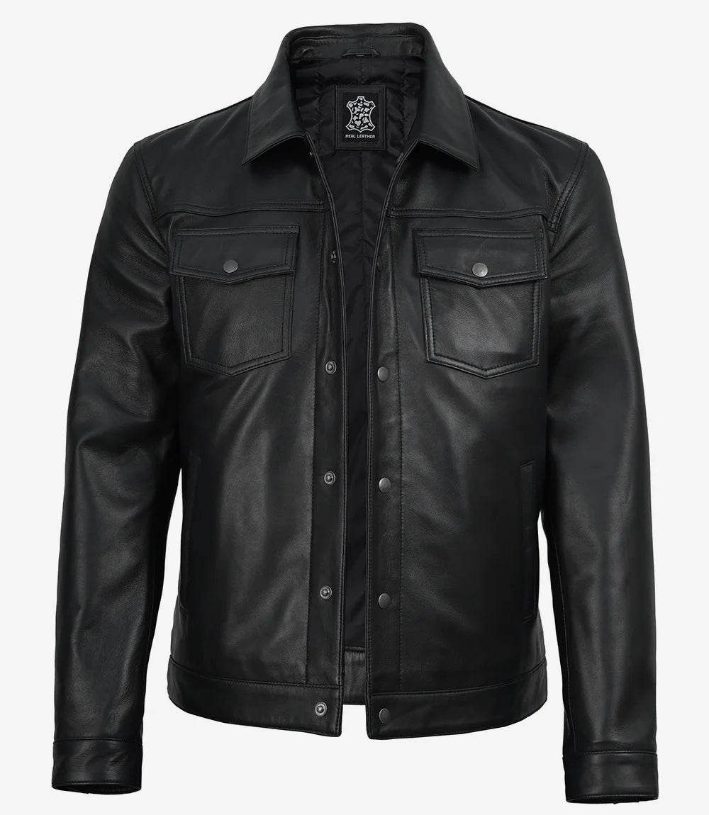 Veste Chemise En Cuir Noir Pour Homme
