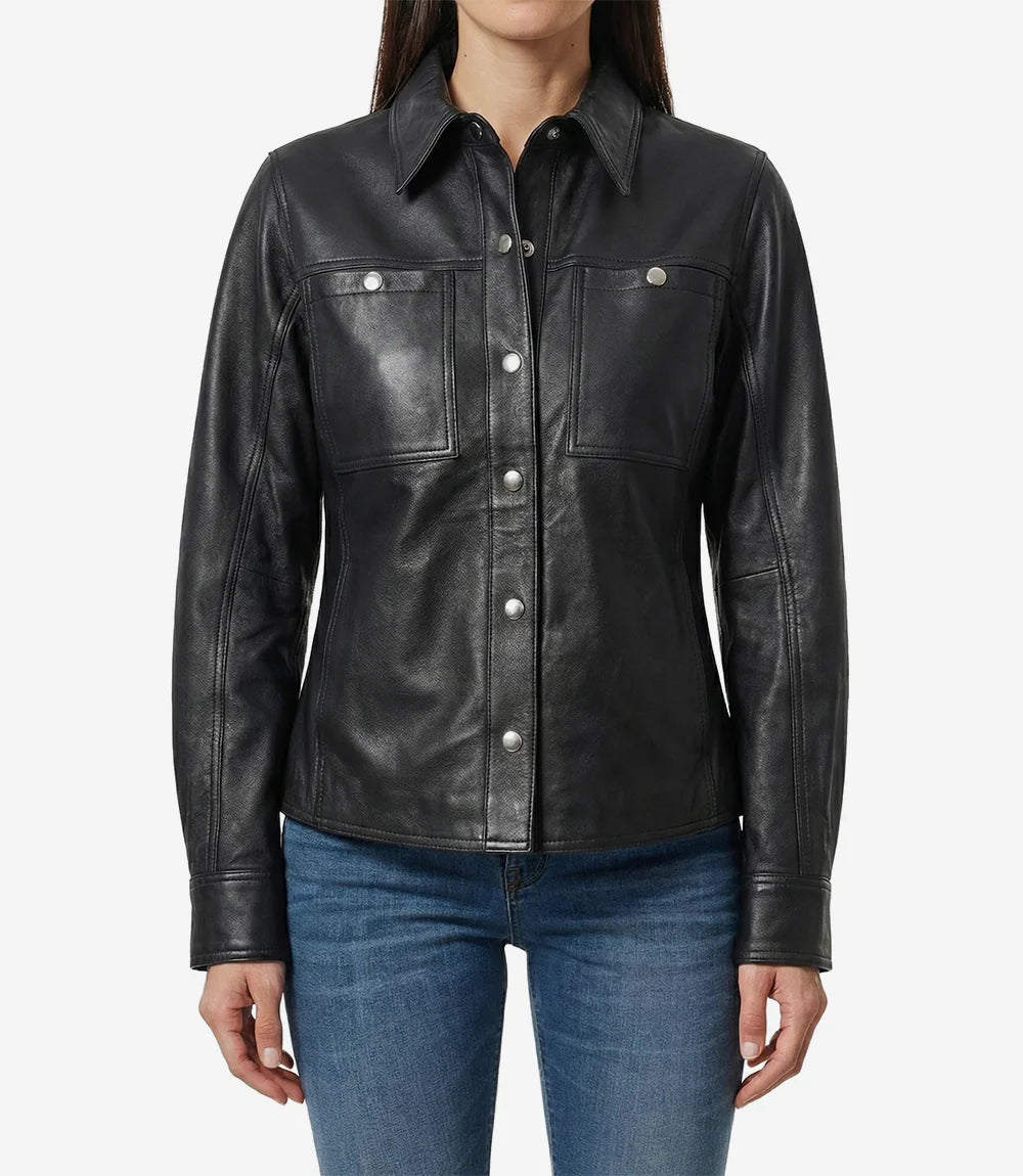 Veste Minimaliste en Cuir D'agneau Noir Pour Femme à Boutons-Pression