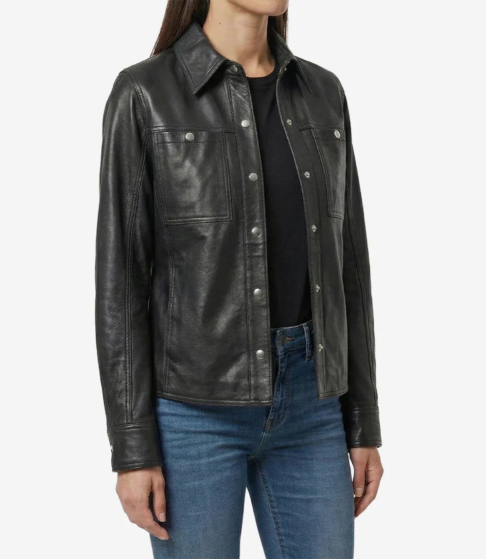 Veste Minimaliste en Cuir D'agneau Noir Pour Femme à Boutons-Pression
