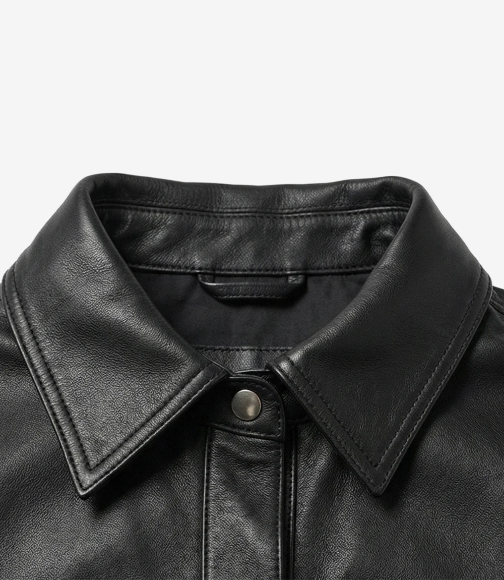 Veste Minimaliste en Cuir Noir Pour Femme à Boutons-Pression