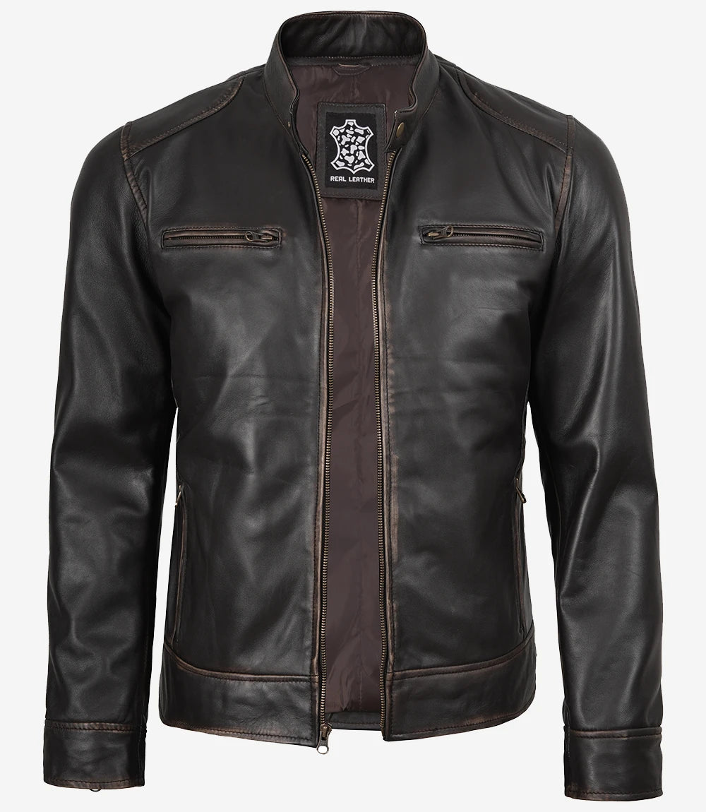 Veste Cafe Racer En Cuir Marron Foncé Homme
