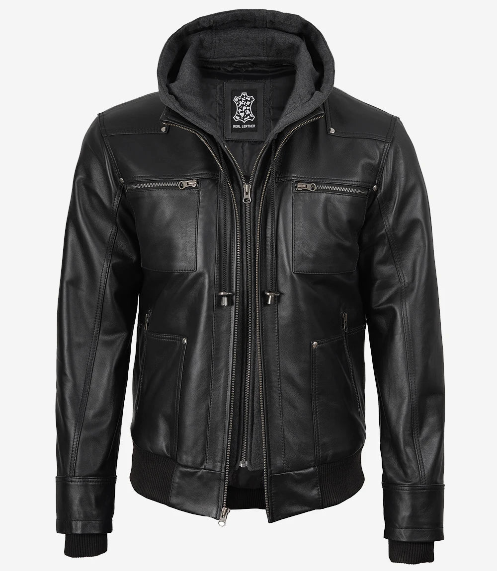 Veste En Cuir Bomber Pour Homme Avec Capuche Amovible