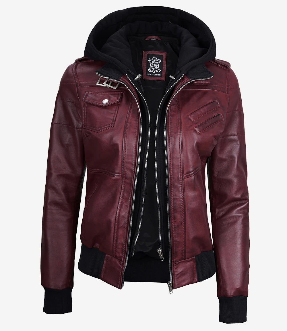 Veste En Cuir Bordeaux Avec Capuche Amovible Pour Femme