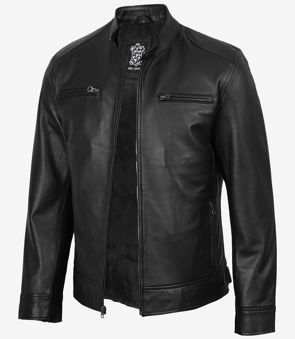 Veste En Cuir Cafe Racer Noir Pour Homme