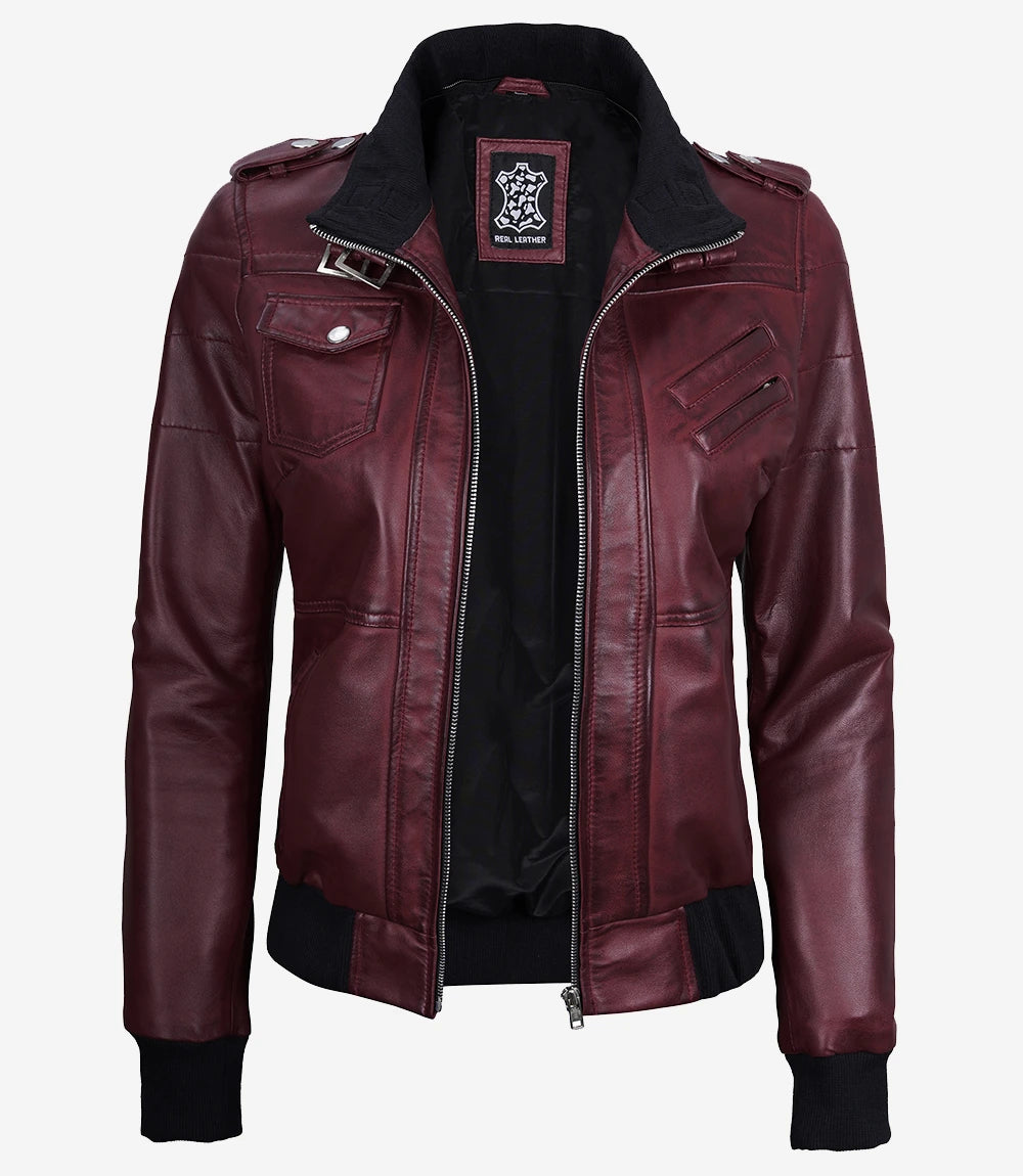 Veste En Cuir Bordeaux