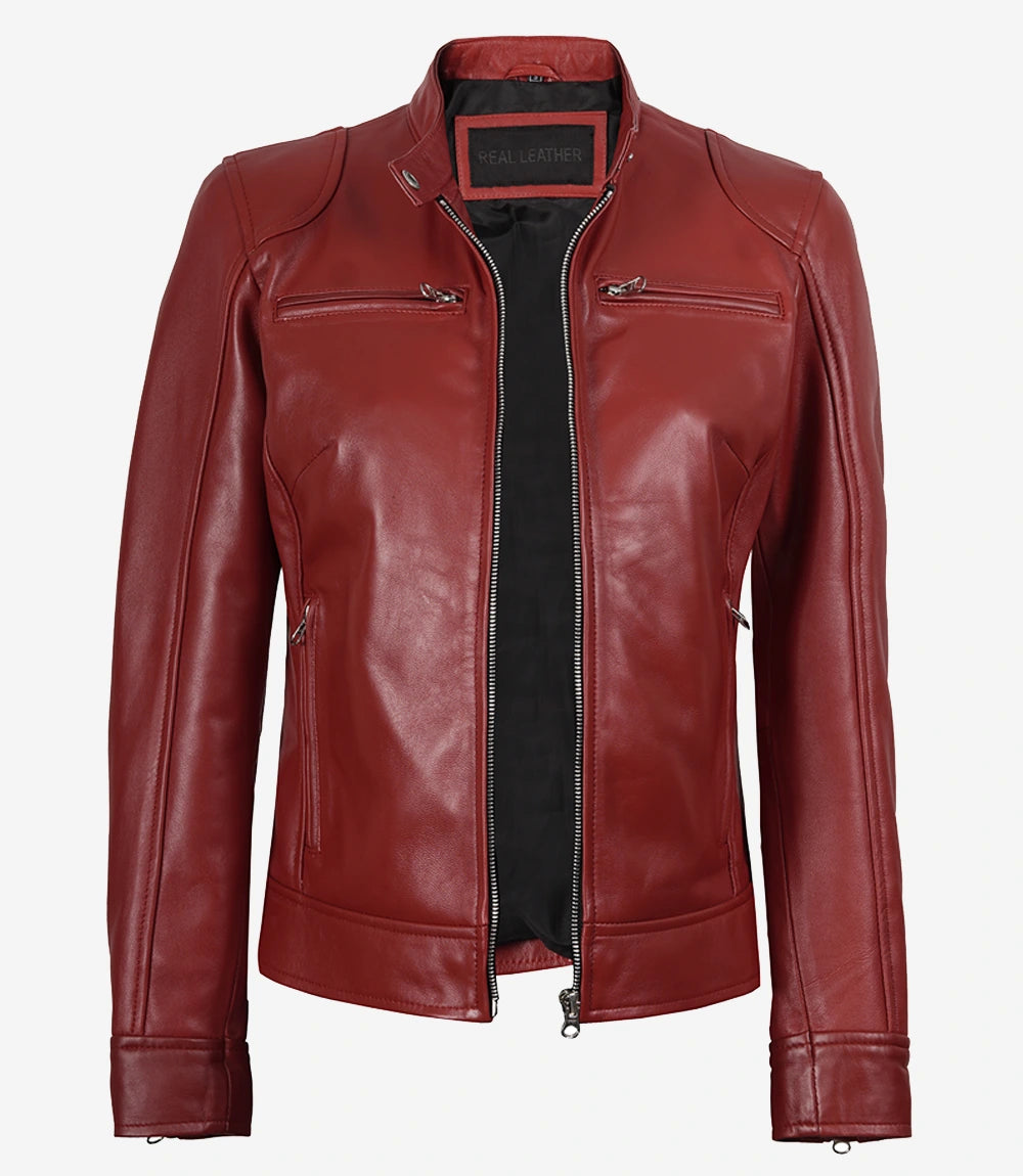Veste de Motard En Cuir Café Racer Rouge