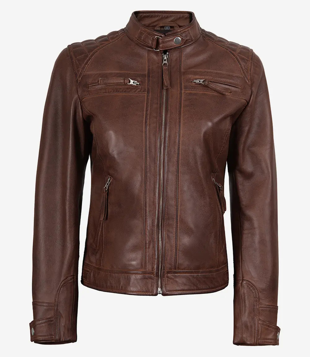 Johnson Blouson Matelassé Café Racer En Cuir Cognac Pour Femme