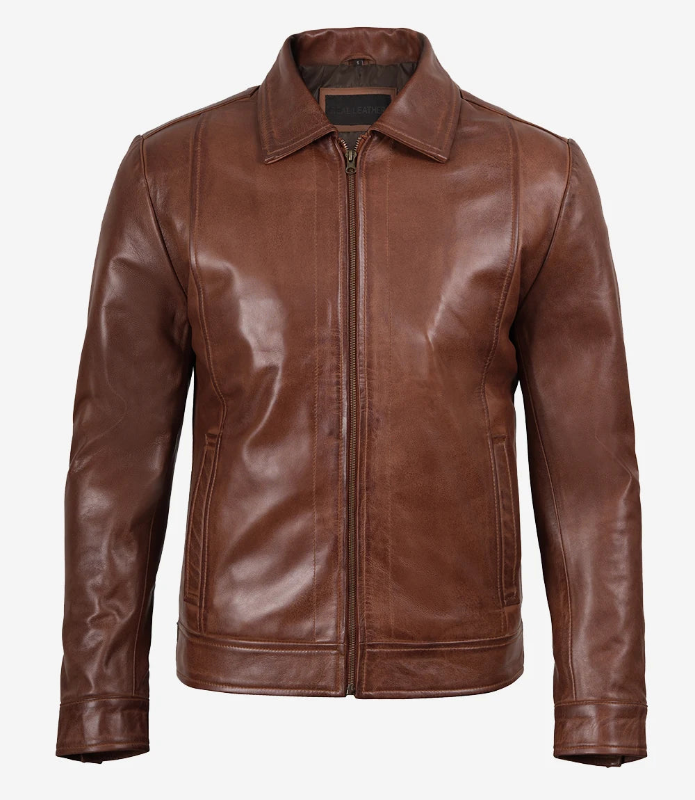 Veste en cuir marron Harrington pour hommes