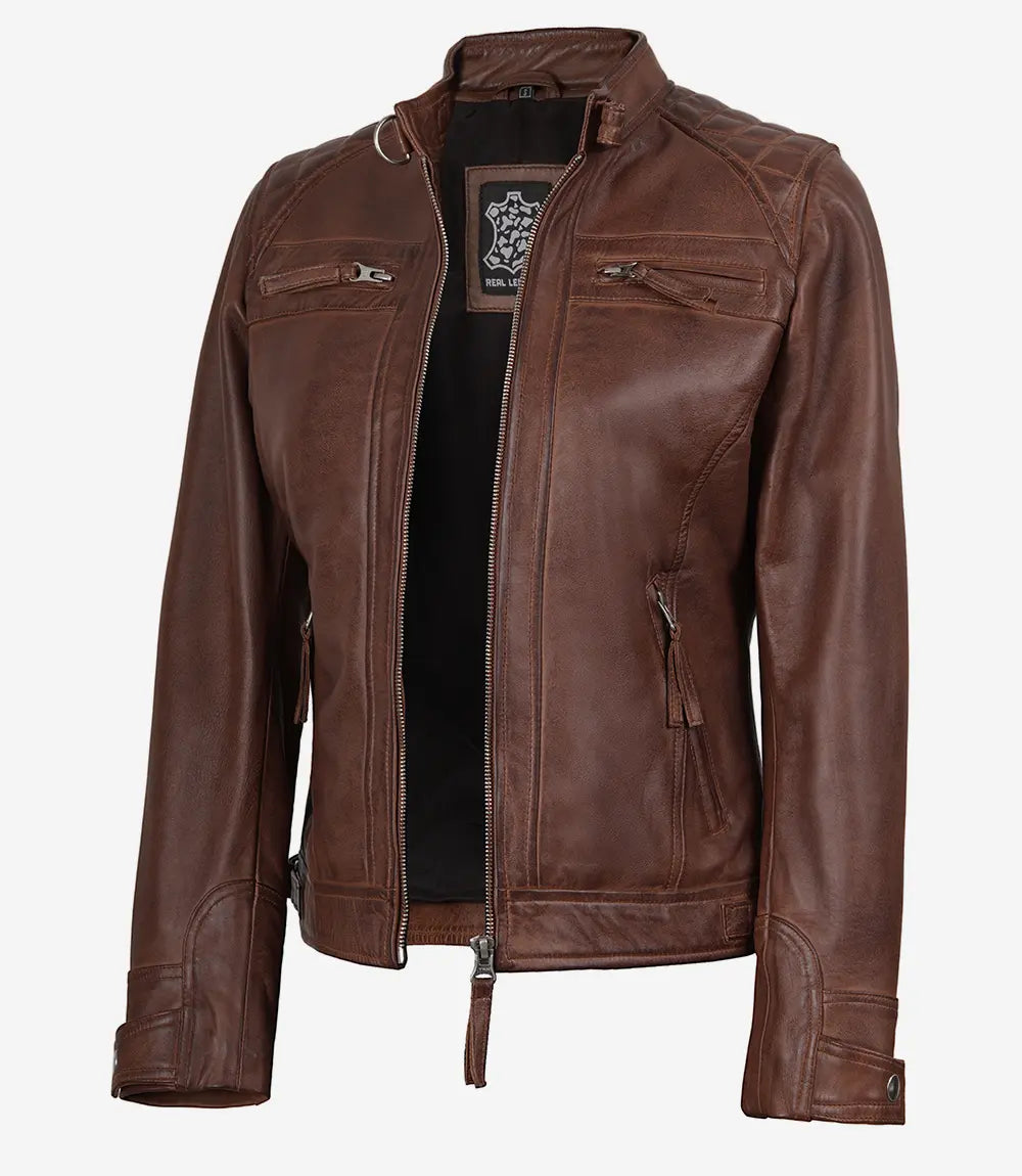 Johnson Blouson Matelassé Café Racer En Cuir Cognac Pour Femme