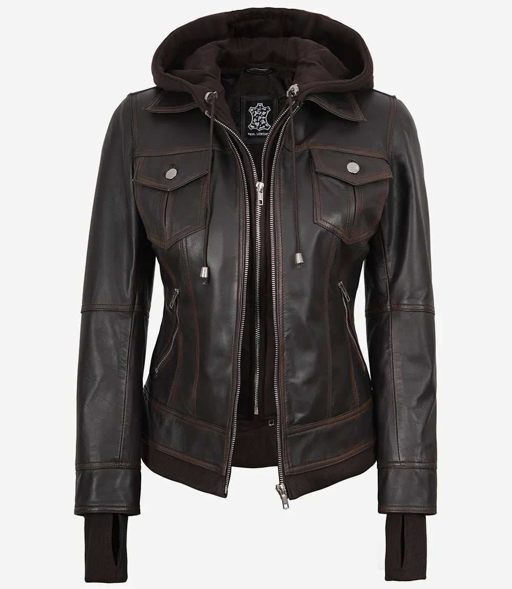 Tralee Women's Ruboff Bomber Dark Brown Leather Jacket with Hood