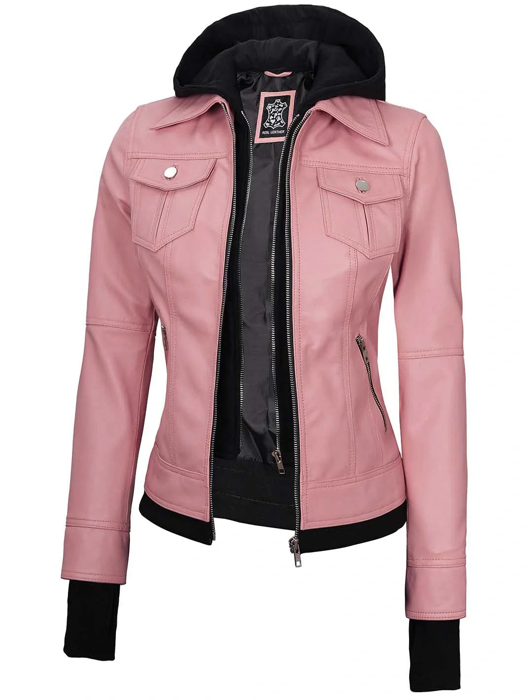 Veste de moto en cuir à capuche rose pour femme