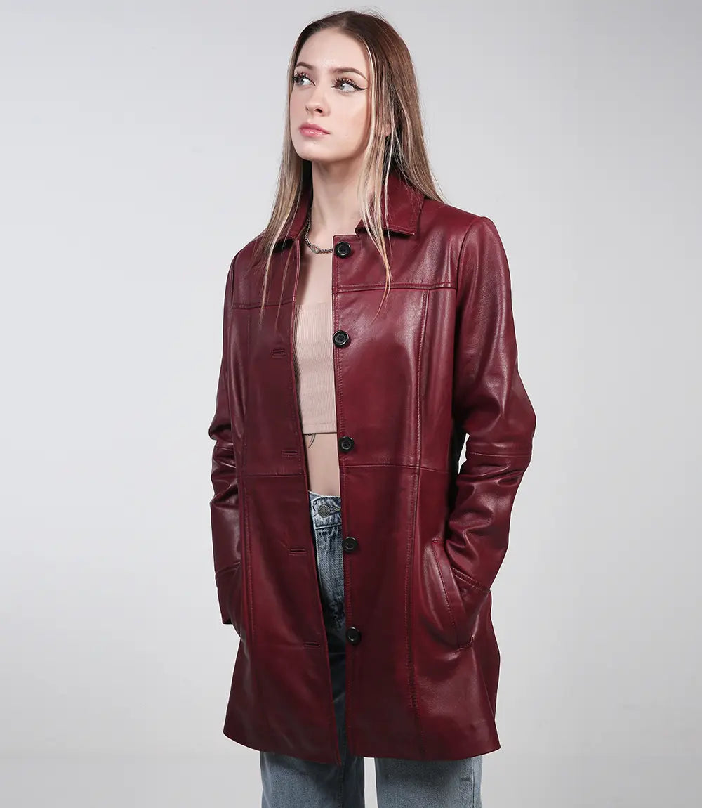 Manteau voiture 3/4 en cuir marron pour femme