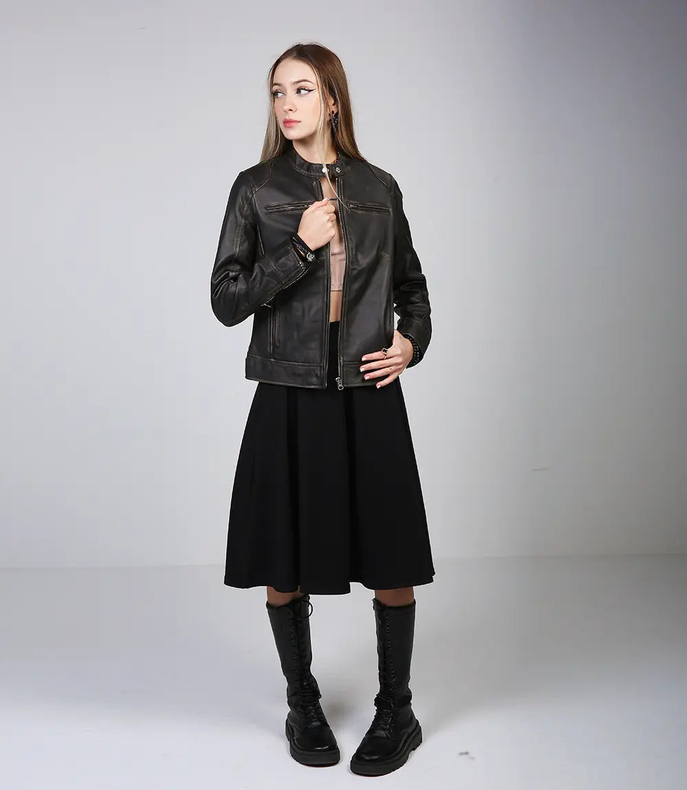 Blouson moto femme marron élégant rub off
