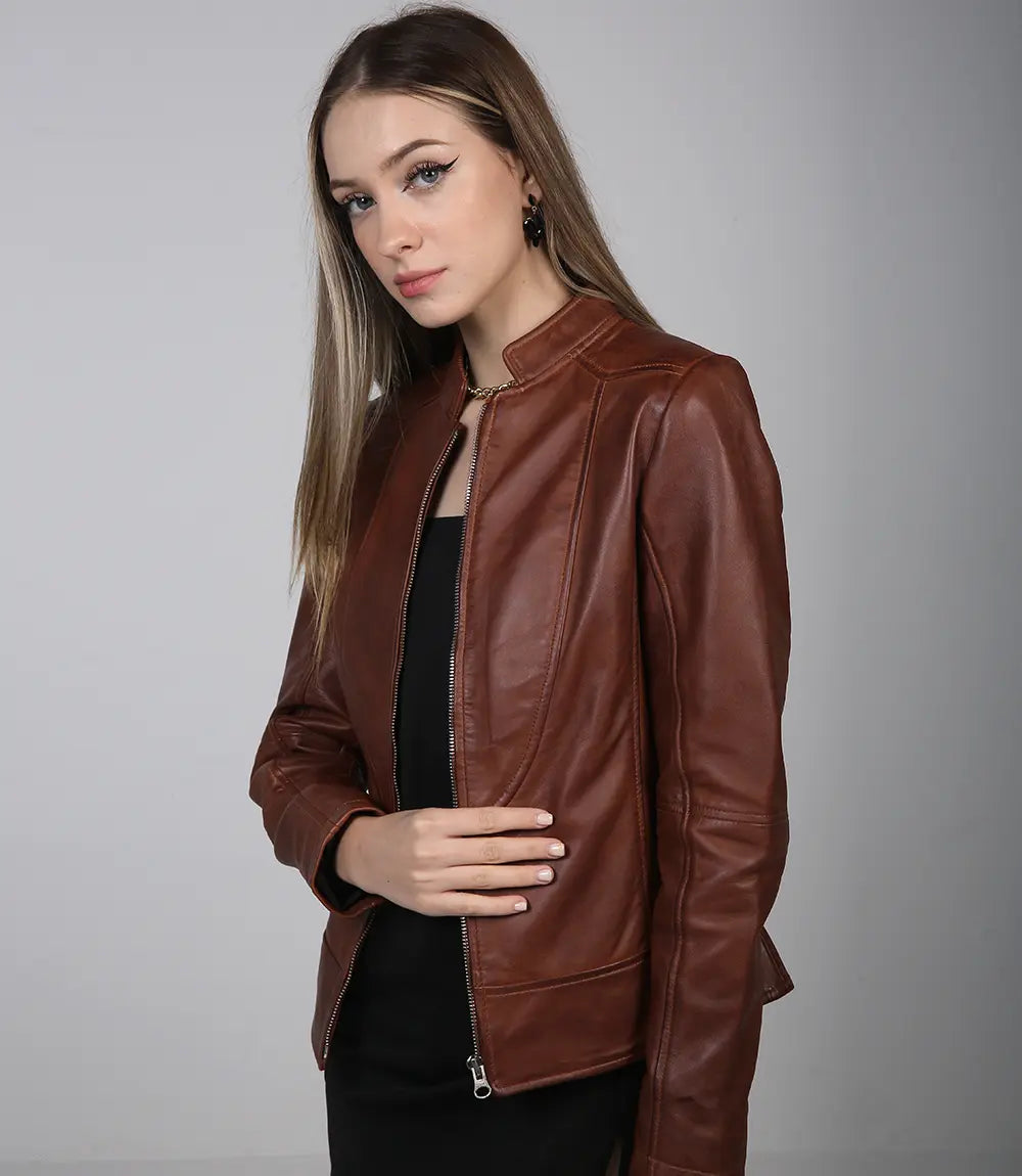 Blouson moto femme café racer élégant cognac