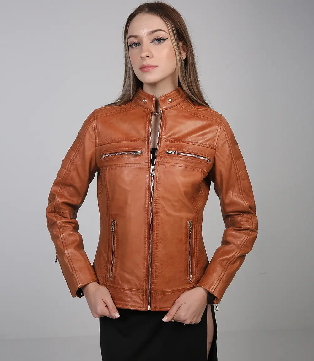 Blouson moto en cuir marron élégant pour femme
