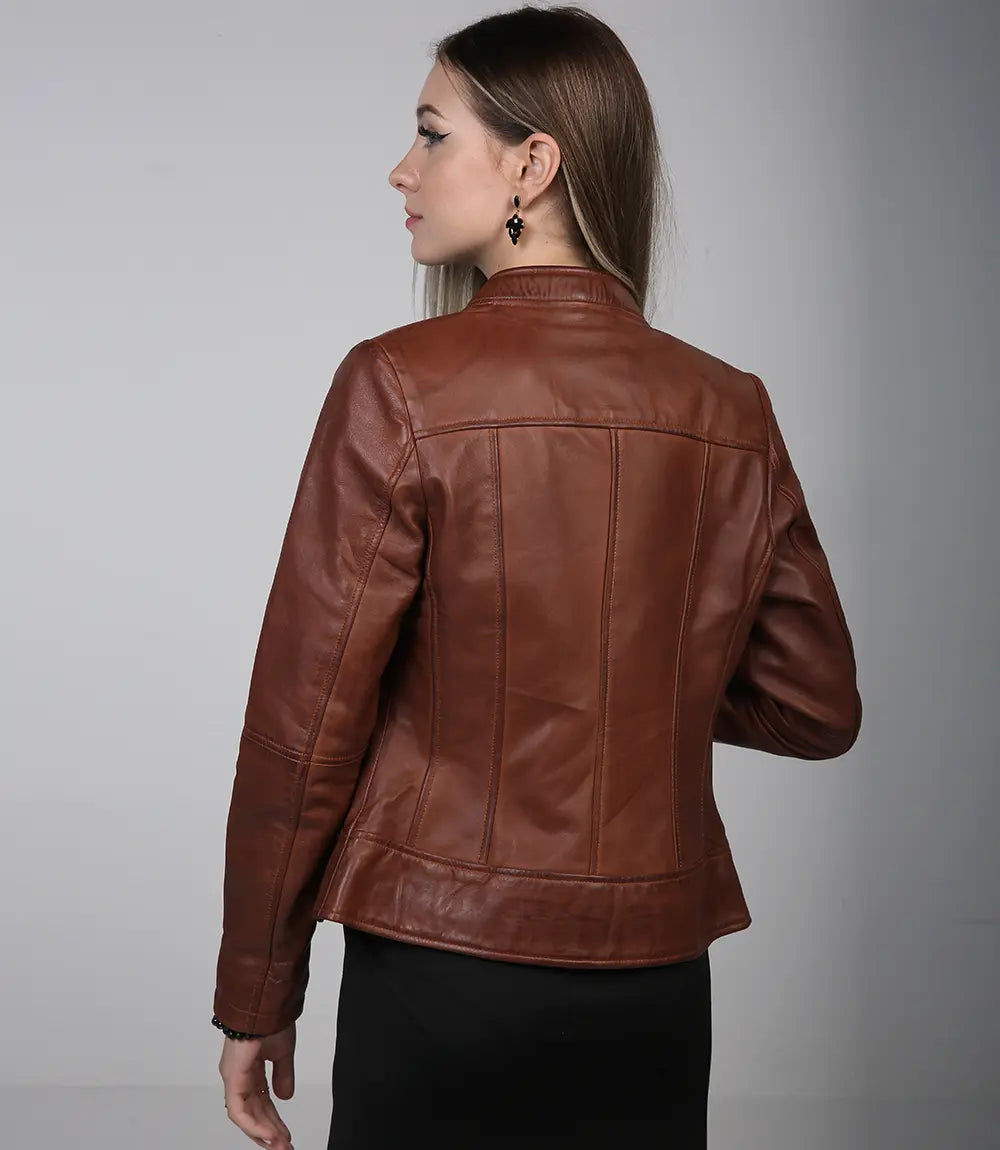 Veste en cuir café racer cognac stylée pour femme