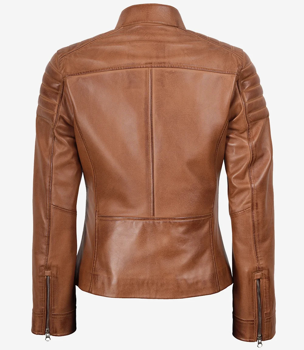 Veste de motard en cuir beige pour femme
