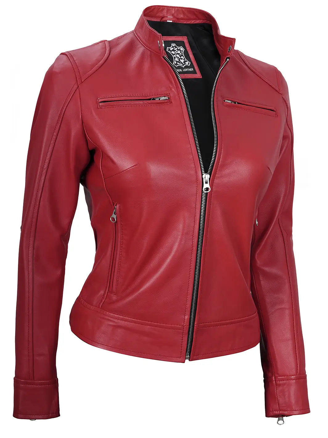 Blouson cuir café racer rouge femme