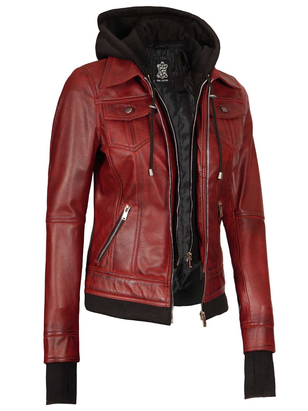 Veste en cuir marron pour femme avec capuche