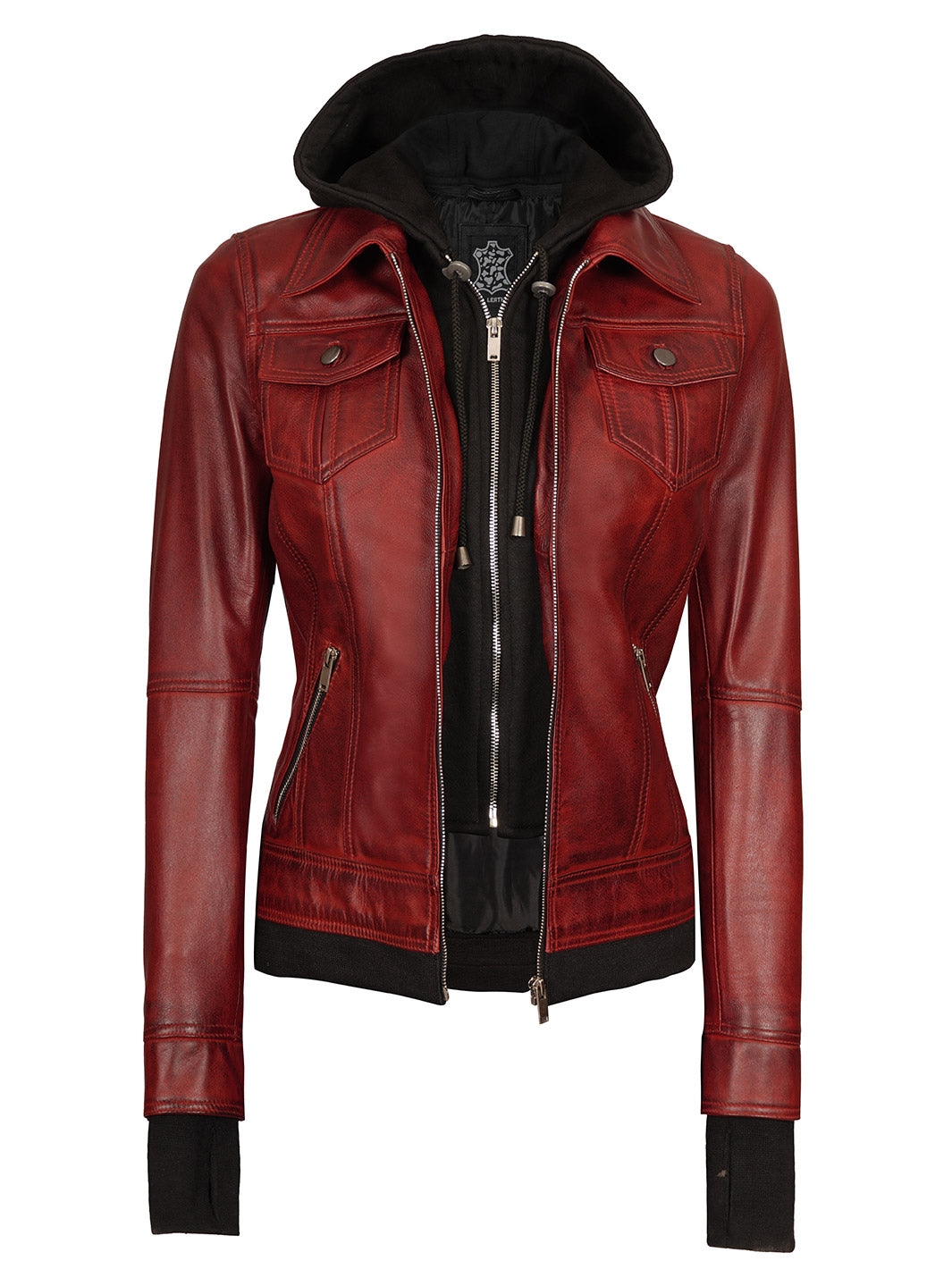 Veste en cuir marron avec capuche
