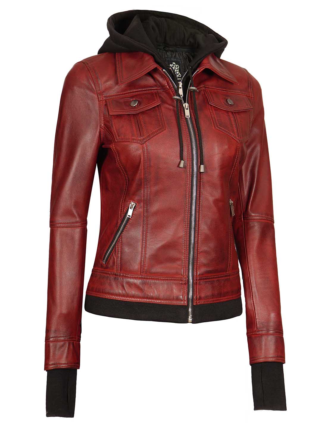 Veste en cuir marron avec capuche amovible