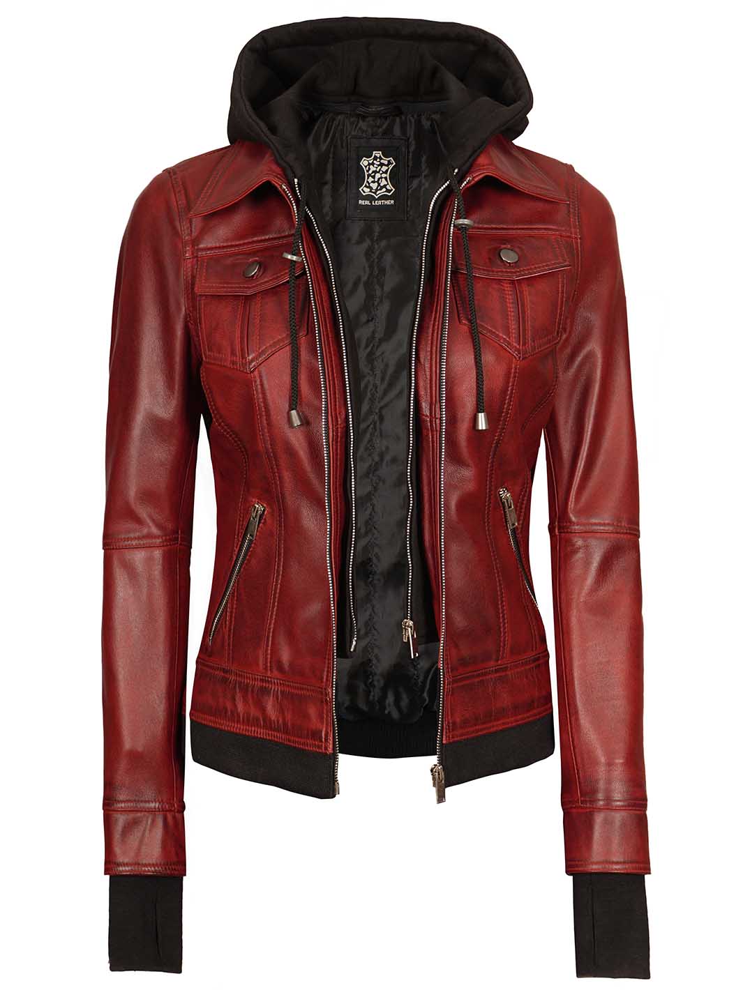 Veste en cuir marron avec capuche amovible