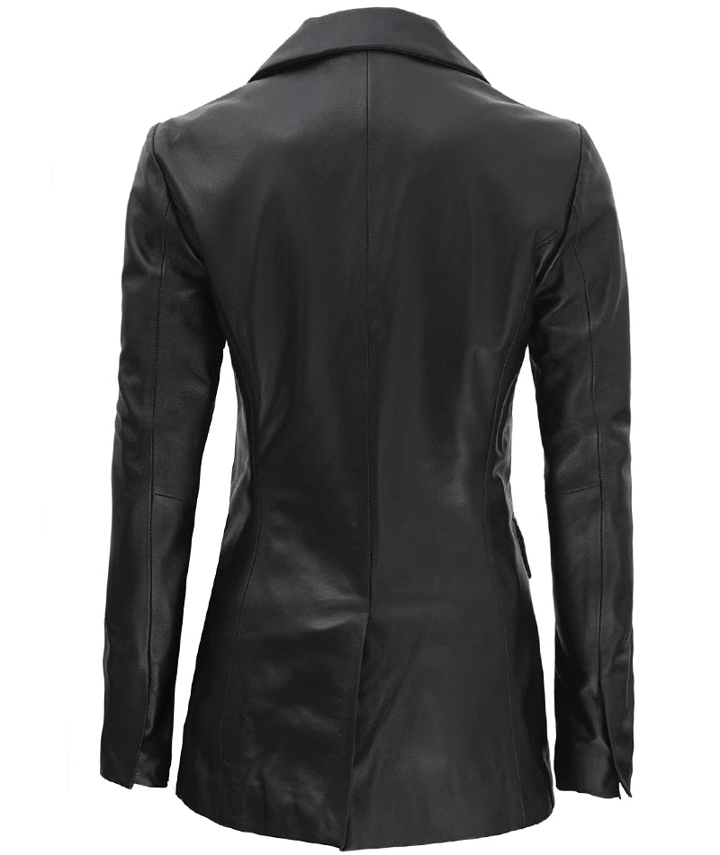 Blazer en cuir noir à revers cranté pour femme