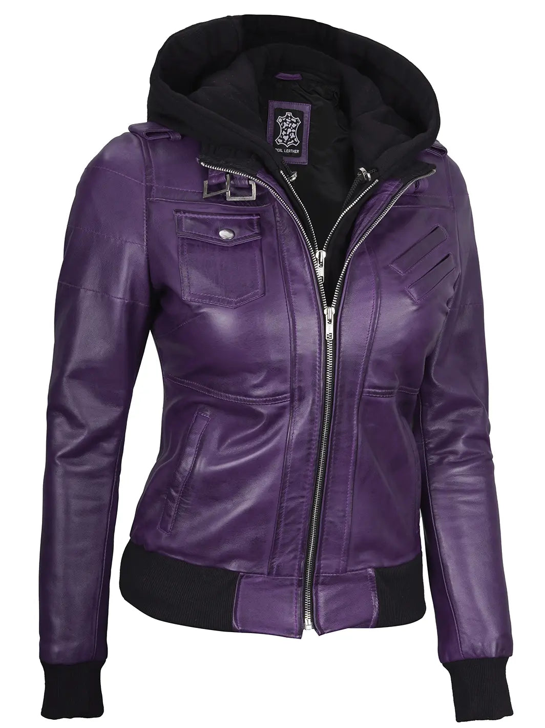 Veste en cuir à capuche pour femme