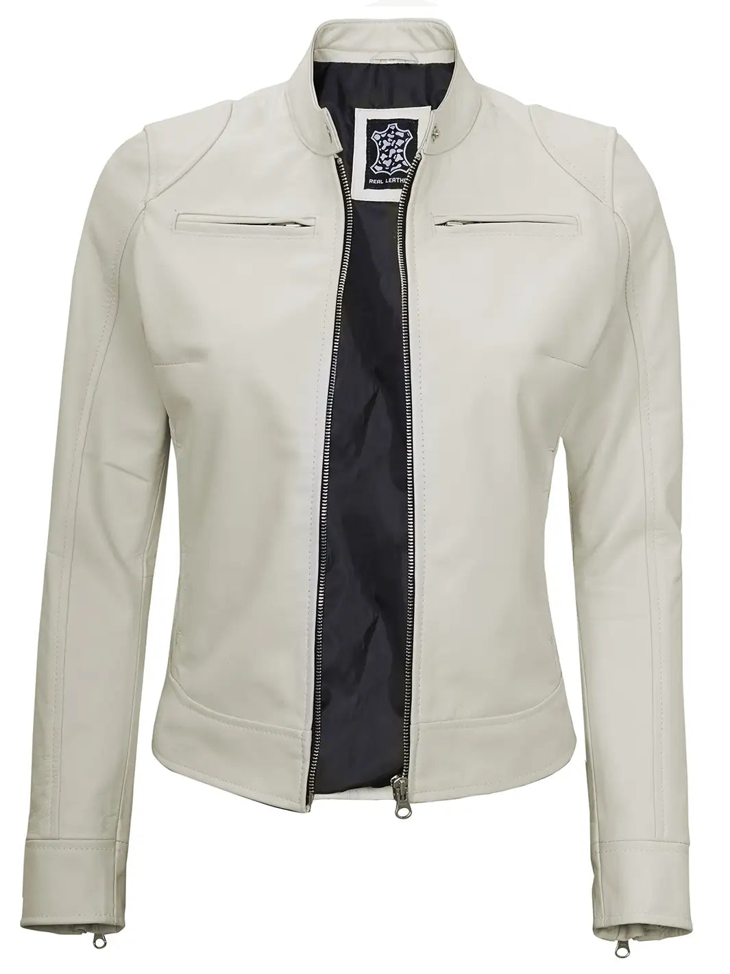 Veste motard en cuir blanc cassé pour femme