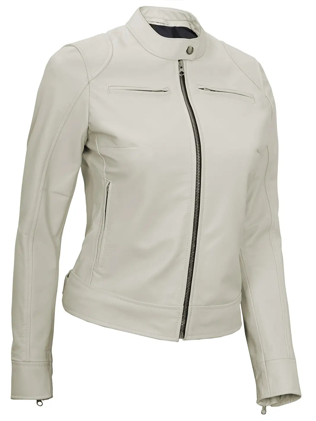 Veste en cuir véritable blanc cassé pour femme