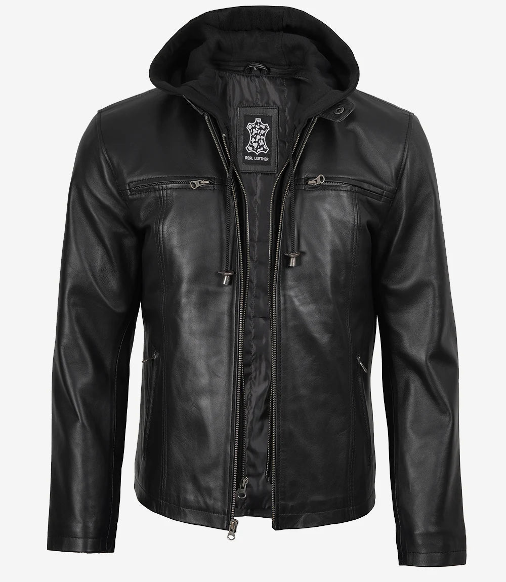 veste à capuche en cuir noir