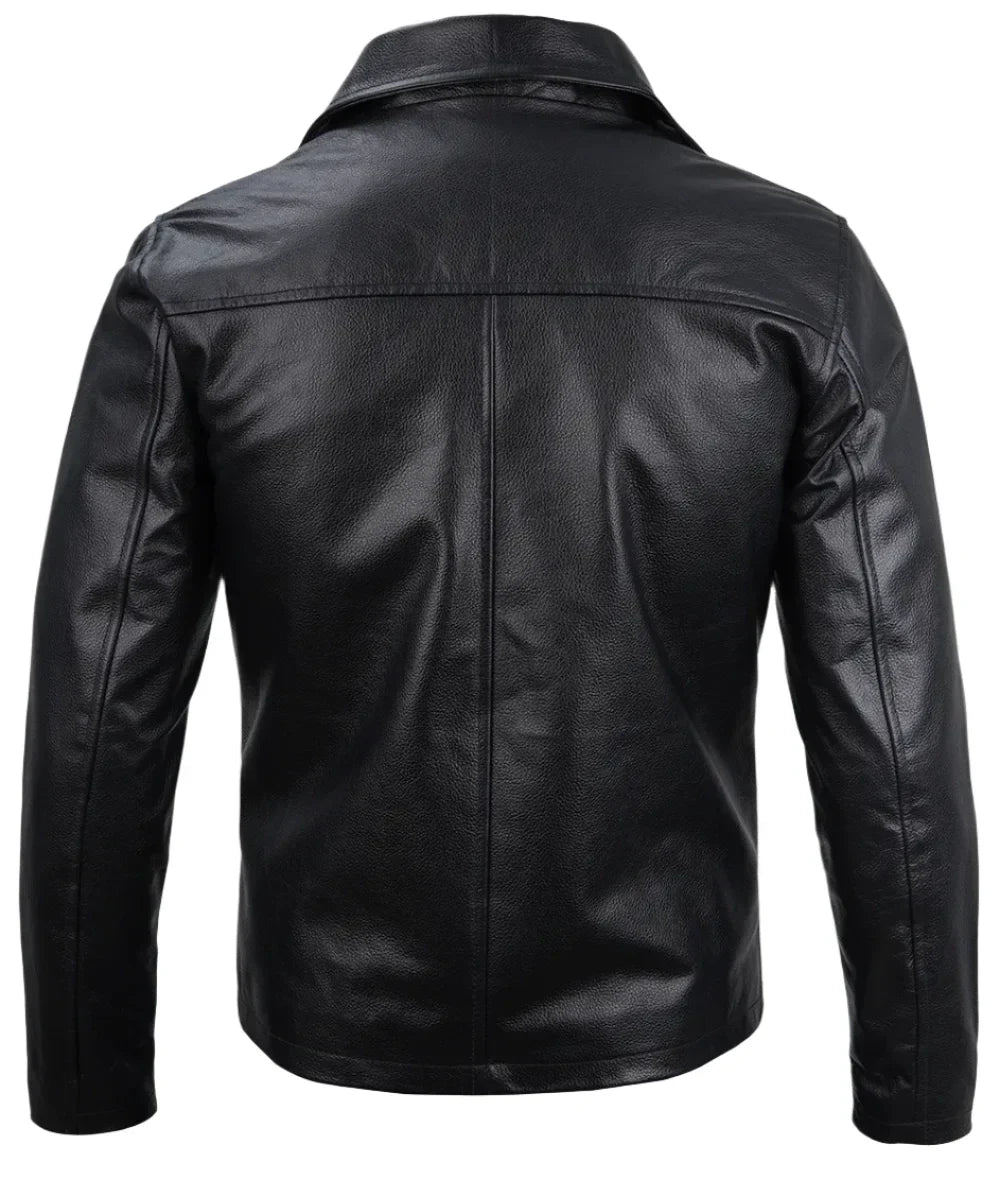 HarringtonVeste en cuir de vachette noire à col chemise homme de coloris noir