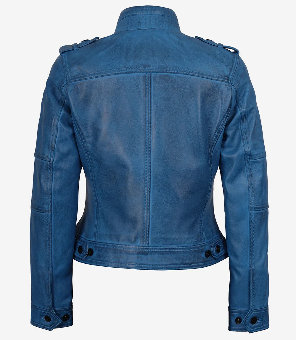 Tavares Veste motard en cuir bleu vieilli pour femme