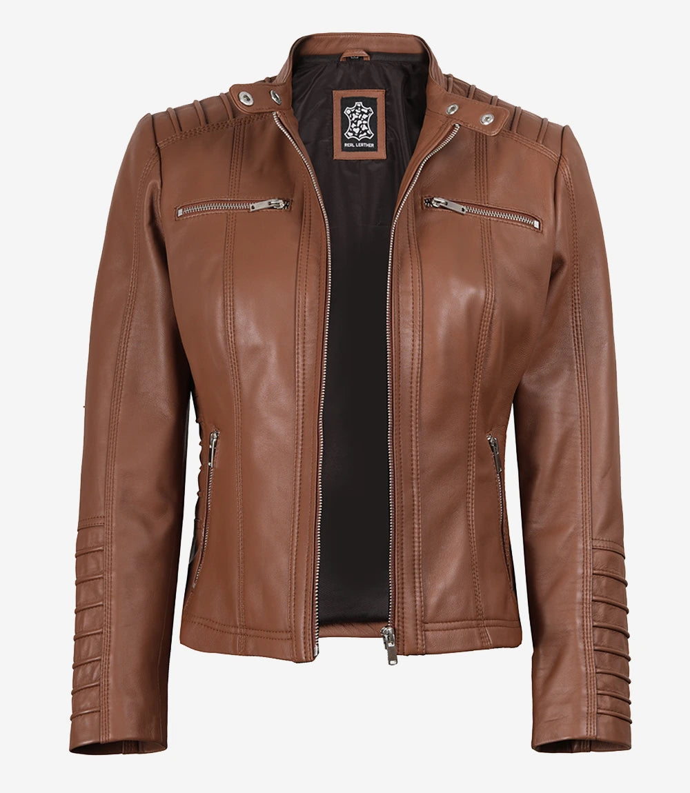 Veste en cuir Cognac Cafe Racer pour femme avec capuche amovible