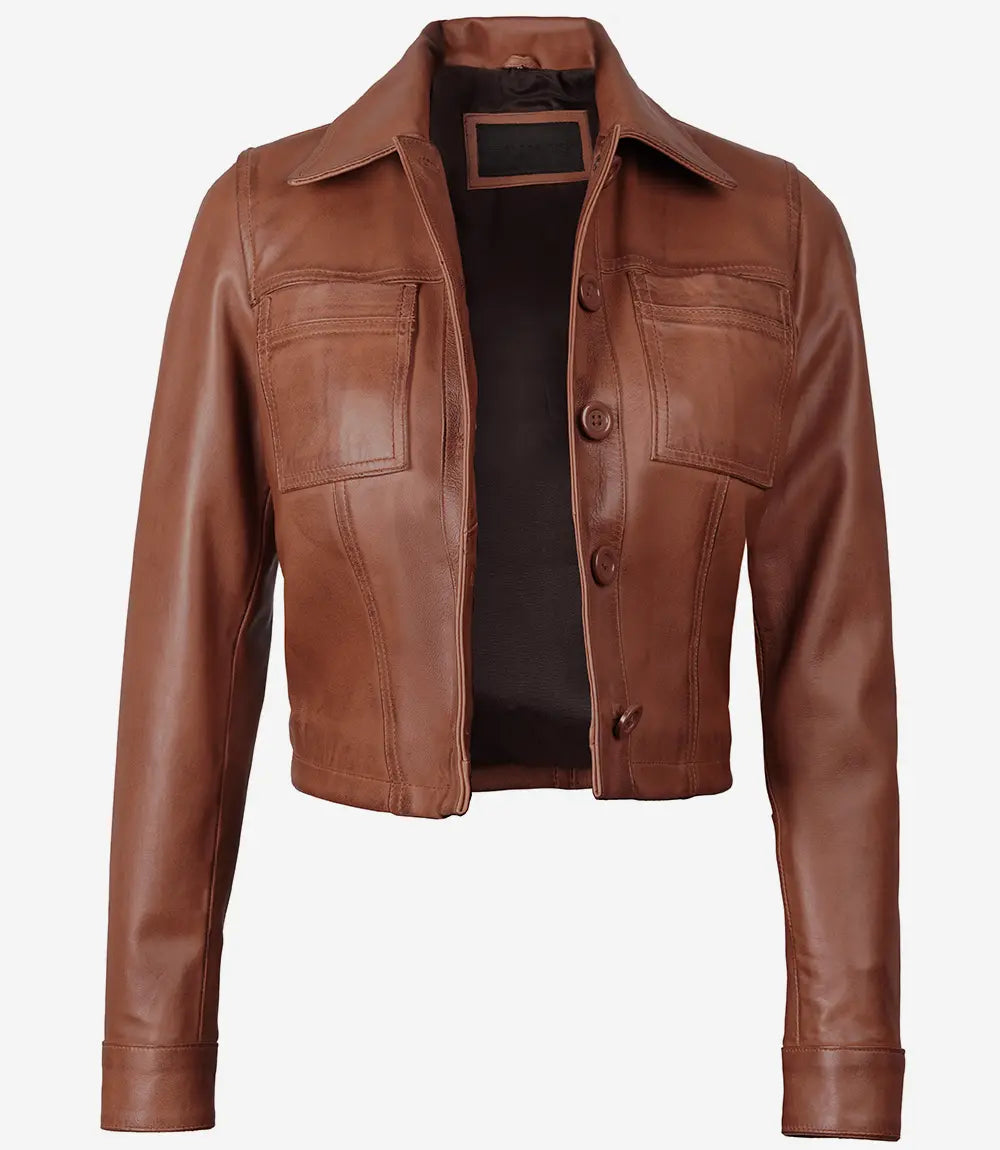 Veste Harrington courte en cuir marron cognac pour femme de Mable