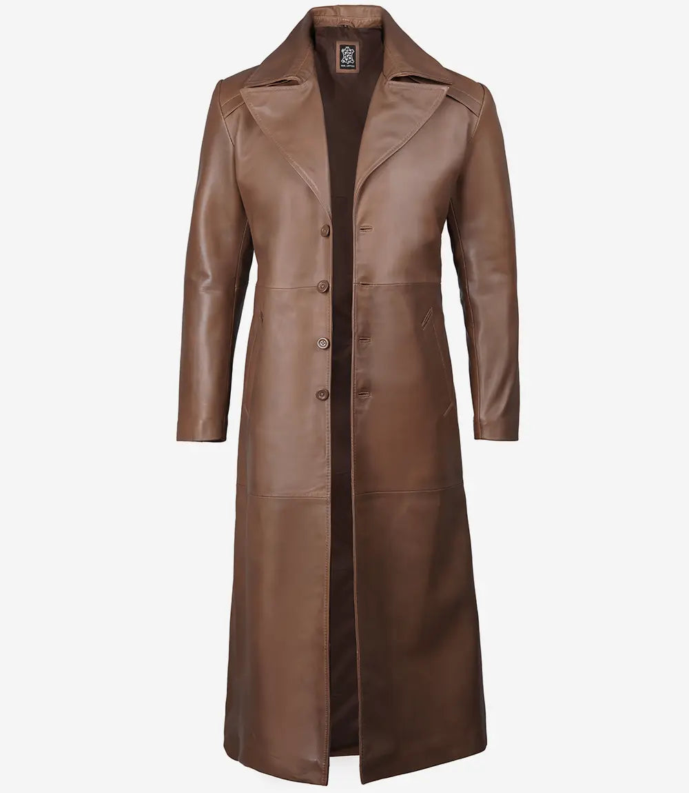 Manteau long en cuir marron pour homme