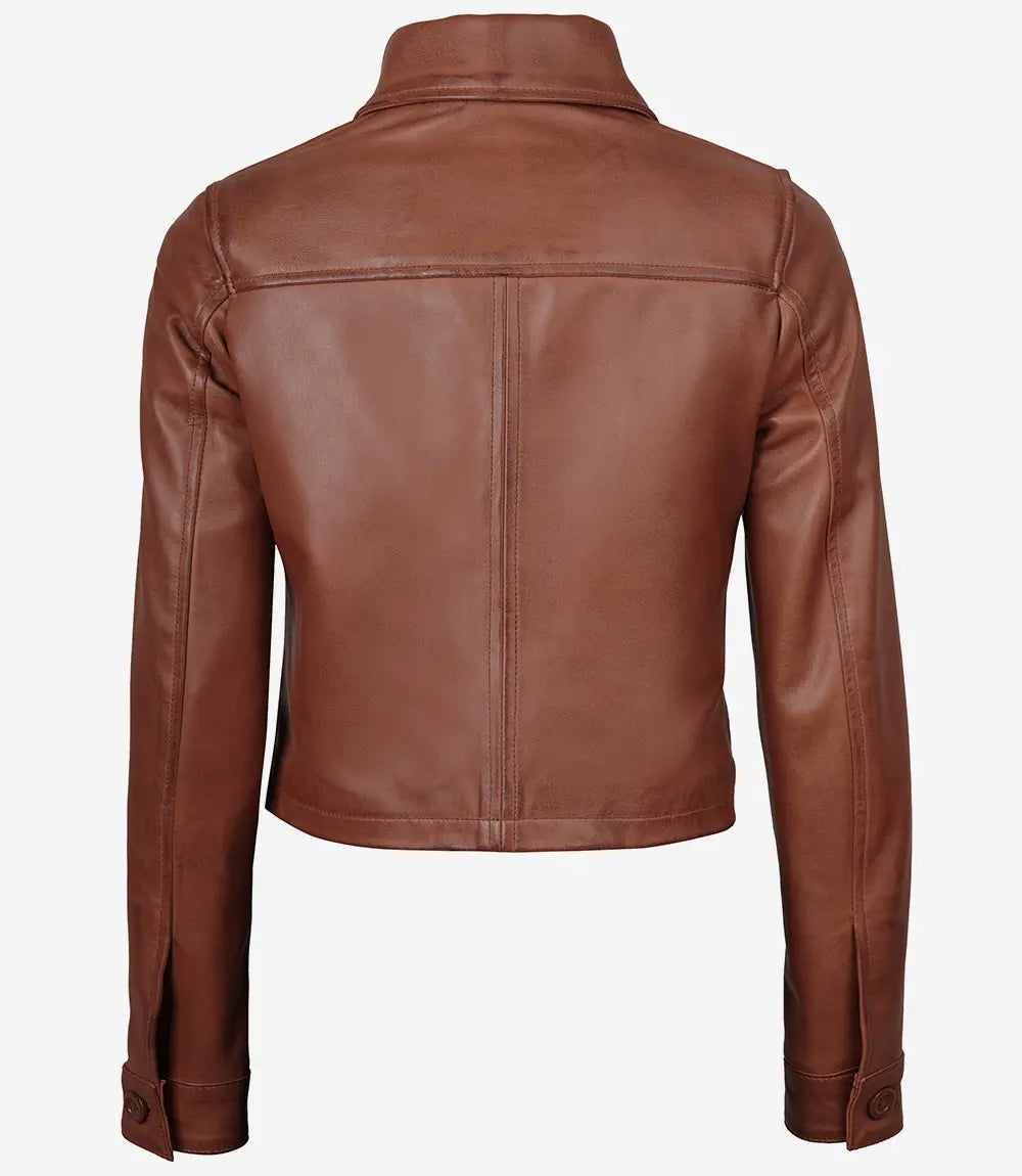Veste Harrington courte en cuir marron cognac pour femme de Mable