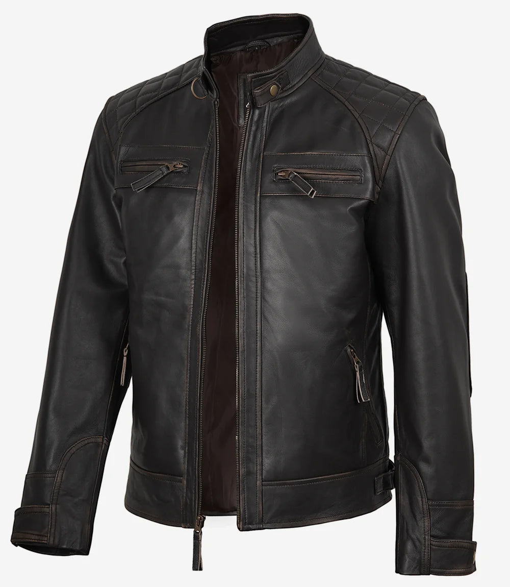 Veste de moto en cuir marron pour homme