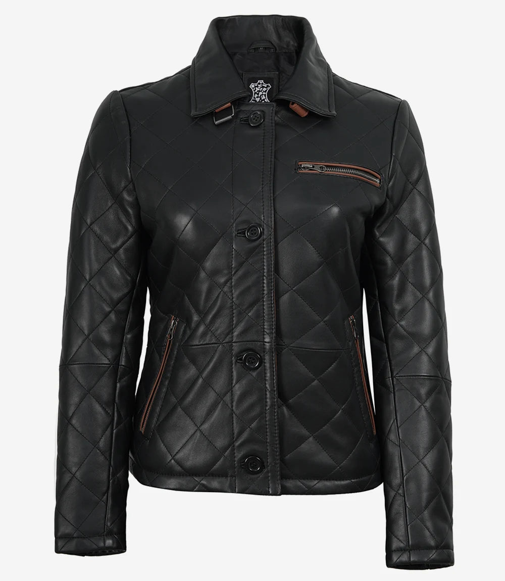 Femmes Noir Cuir Veste avec Brun Garniture