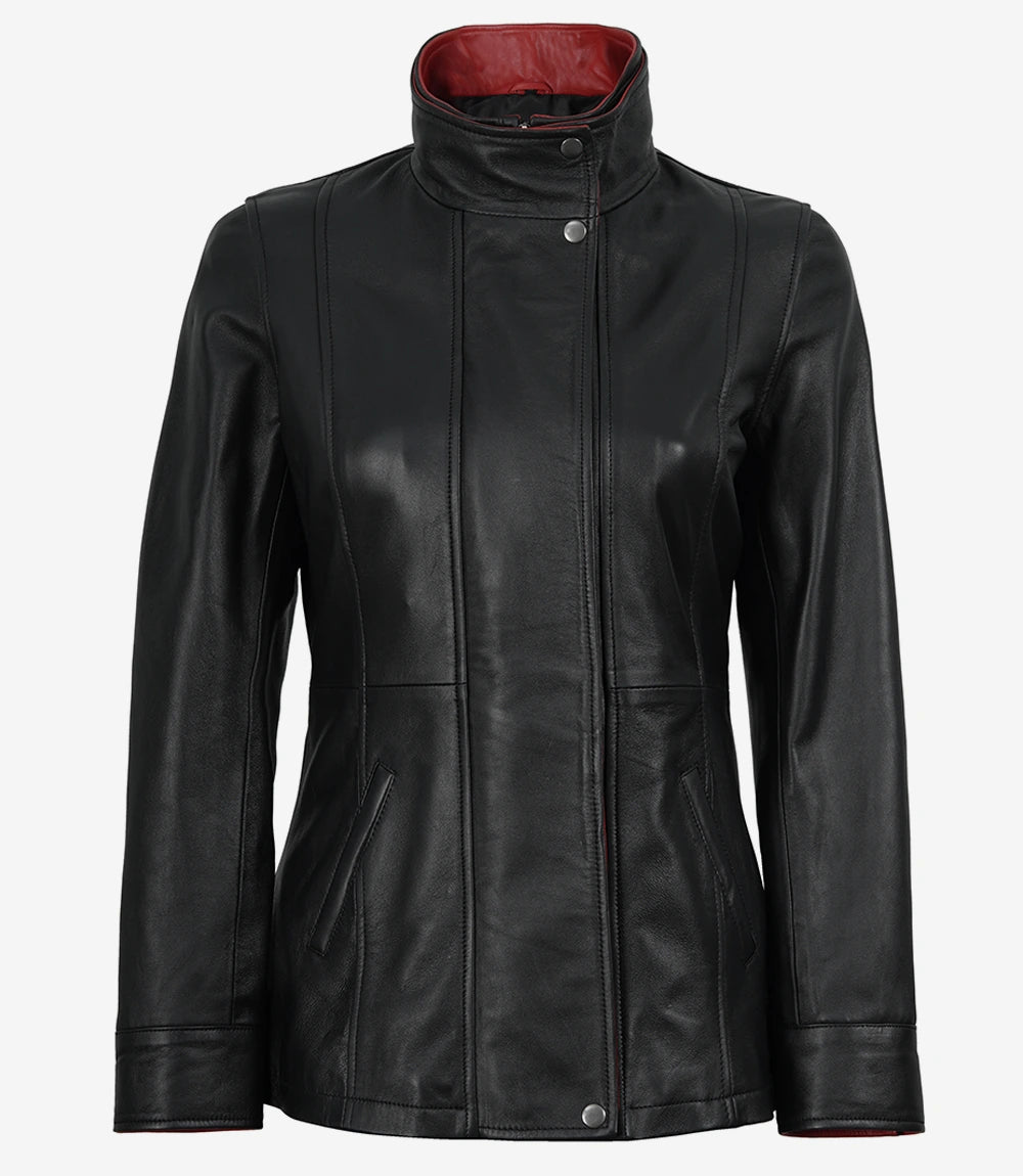 Femmes Noir Cuir Veste avec Rouge Intérieur Revers